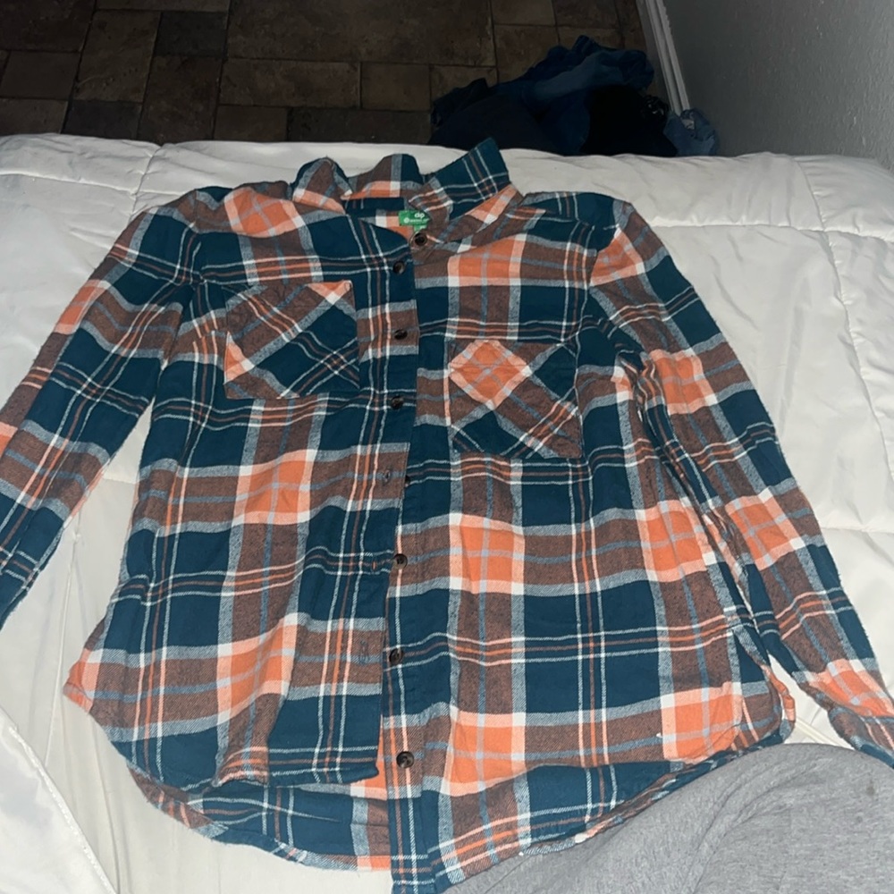 orange blue and white long sleeve flannel button up
